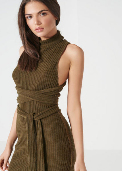 Khaki Rib Knit Open Back Wrap Tie Midi ...